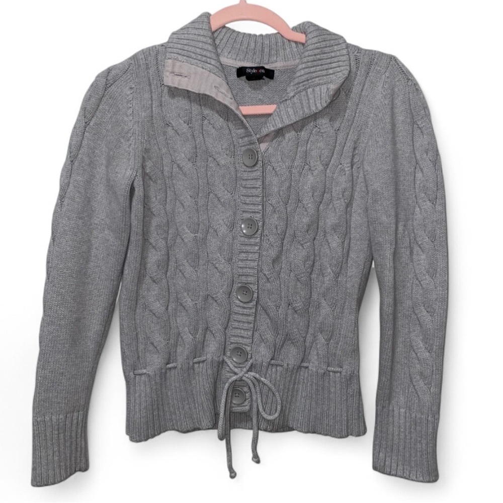 Vintage Y2K Bella Swan Fitted Thick Gray Cable Knit Tie Waist Cardigan Sweater